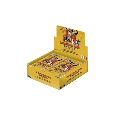 Caixa amarela aberta com packs do jogo de cartas ONE PIECE THE WORLDS STRONGEST WARRIORS 4th Anniversary