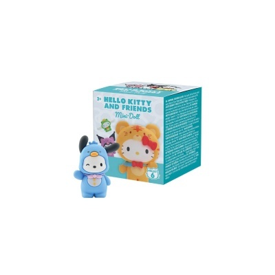 Figura miniatura Hello Kitty and Friends e embalagem cúbica azul e branca
