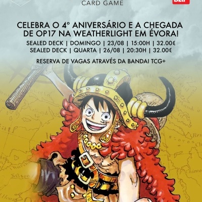 Cartaz promocional do jogo de cartas One Piece com personagem e texto em português.
