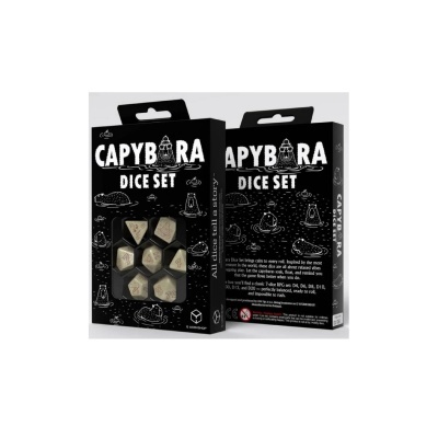 Conjunto de dados CAPYBARA DICE SET em embalagem preta com ilustrações de capivaras