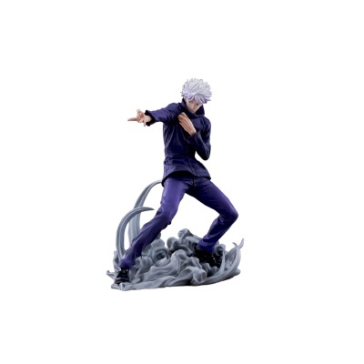 Figura de ação personagem masculino com cabelo branco e roupa azul em pose dinâmica sobre base cinzenta