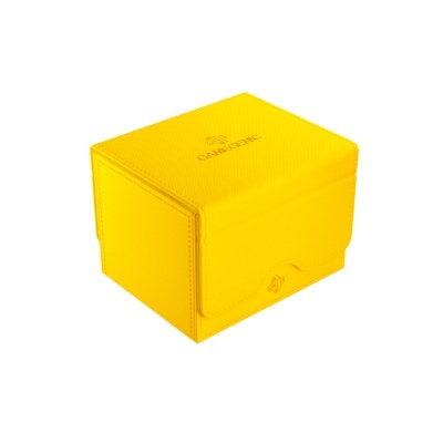 Caixa cúbica amarela com fecho e texto na tampa