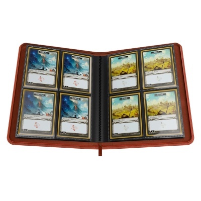 Album vermelho aberto com cartas colecionáveis dentro