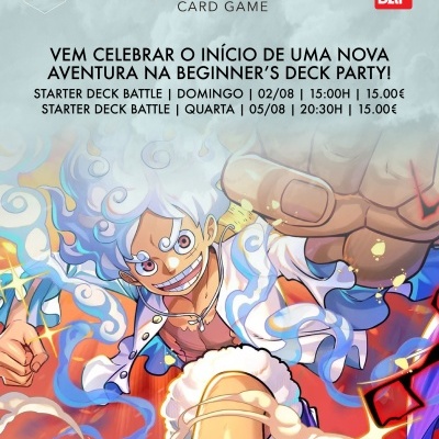 Cartaz do jogo de cartas ONE PIECE CARD GAME com evento STARTER DECK BATTLE e ilustração de personagem de anime