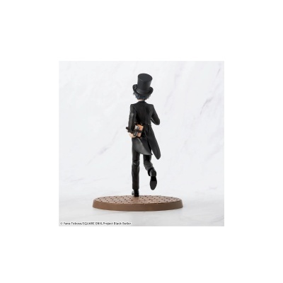 Figura colecionável de personagem com fato preto e chapéu alto segurando objeto em base castanha.
