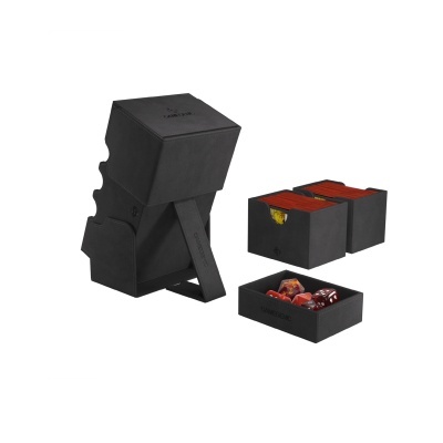 Organizador de gavetas preto com compartimentos em vermelho e amarelo
