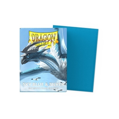 Pacote de sleeves DRAGON SHIELD azul céu e prateado com desenho de dragão.