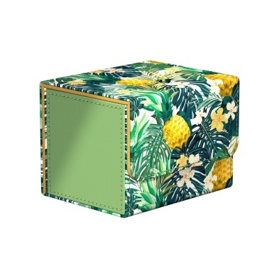 Caixa cúbica com padrão floral tropical e painel lateral verde.