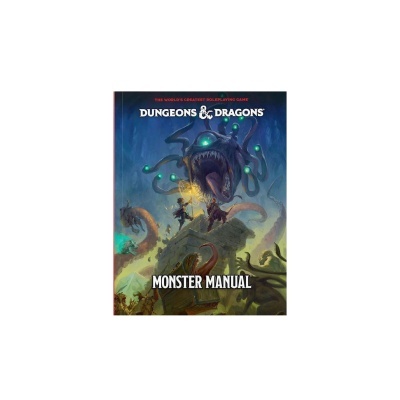 Capa do livro Dungeons & Dragons Monster Manual com ilustração de monstro e personagens em fundo azul e verde