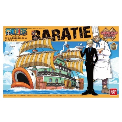 Modelo de navio BARATIE com personagens e logotipos de One Piece e Bandai