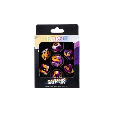 Conjunto de 7 dados RPG com cores da bandeira lésbica em caixa preta