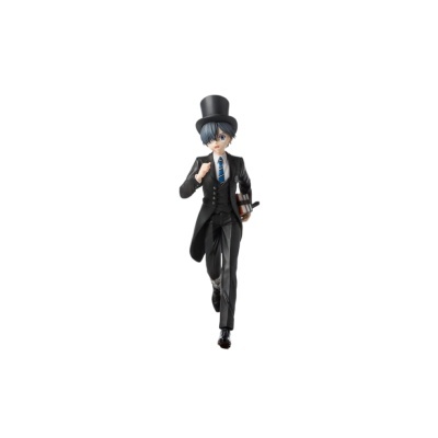 Figura anime com traje formal preto, chapéu alto e livros
