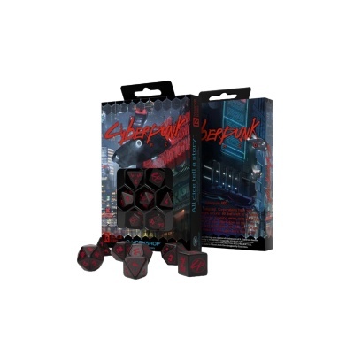 Caixa do jogo de dados Cyberpunk Red com dados pretos e vermelhos