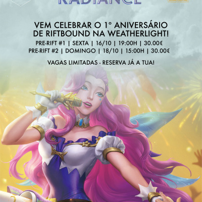 Cartaz promocional do 1º aniversário de Riftbound com personagem feminina de cabelos rosa e texto em português
