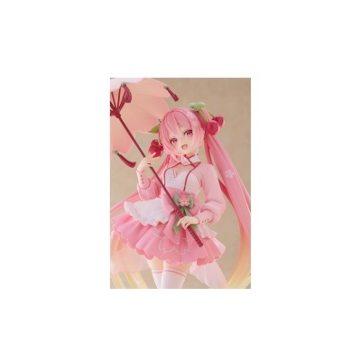 Figura anime feminina com cabelo rosa, vestido rosa e guarda-chuva