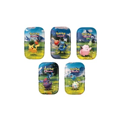 Cinco caixas metálicas retangulares ilustradas com personagens Pokémon em fundo de campo verde e céu azul.