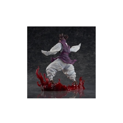 Figura de personagem com roupa branca e roxa e cabelo castanho em pose dinâmica sobre base vermelha líquida
