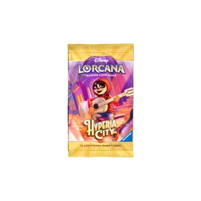 Pacote de cartas de jogo Disney Lorcana Hyperia City com personagem a tocar guitarra