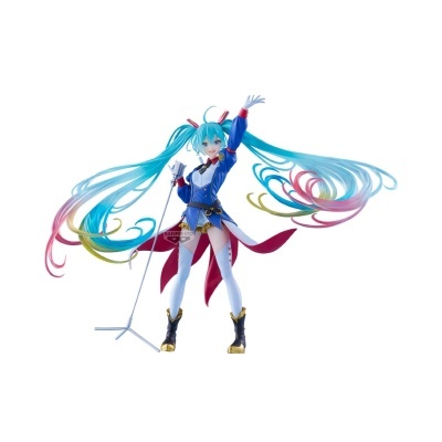 Figura de ação com cabelo azul longo e roupa azul e branca segurando microfone.