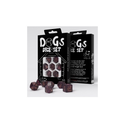 Conjunto de dados Dogs Dice Set em embalagem preta com textos e ilustrações brancos.