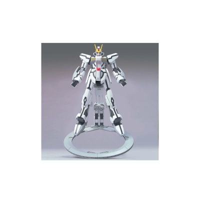 Figura de robô branco com detalhes e suporte circular cinza