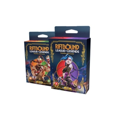 Caixas do jogo de cartas Riftbound League of Legends com personagens ilustrados