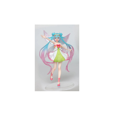 Figura decorativa de personagem feminina com cabelo azul e vestido verde e branco.