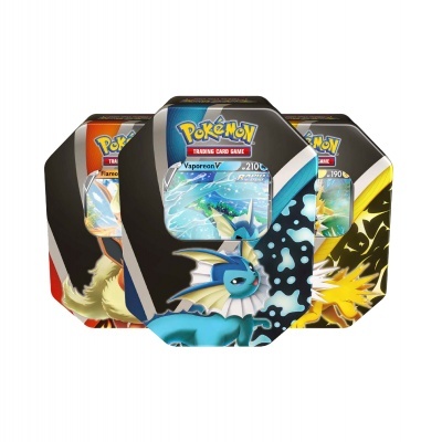 Três latas hexagonais de Pokémon com imagens de Eevee, Vaporeon, Flareon e Jolteon
