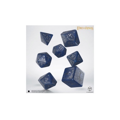 Dados policédricos azul com números e símbolos prata para jogos, tema The Lord of the Rings.