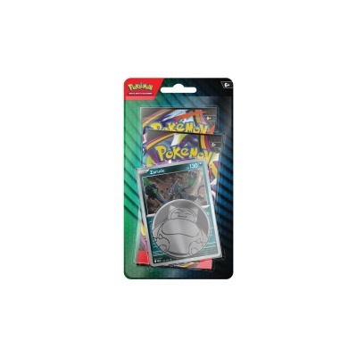 Embalagem de cartas Pokémon com carta Zarude e moeda metálica Snorlax