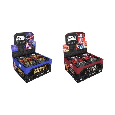 Dois expositores de cartas Star Wars Unlimited com diferentes temas e cores, azul e vermelho.