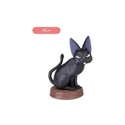 Figura decorativa de gato preto sentado numa base castanha