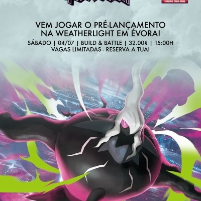 Promoção pré-lançamento Pokémon Mega Evolution Pitch Black na Weatherlight em Évora com personagem preto e roxo.