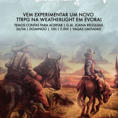 Ilustração de cowboys a cavalo ao pôr do sol com texto promocional de evento RPG Sacramento em Évora