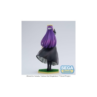 Figura colecionável com cabelo roxo, vestido preto, vista de costas