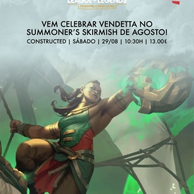 Promoção do jogo de cartas Riftbound League of Legends com personagem feminina e informações de evento