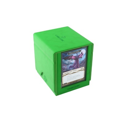 Estojo verde com textura para cartas de jogo com uma carta visível na frente