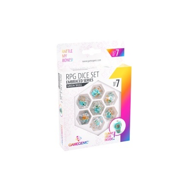 Conjunto de dados RPG transparentes com caveiras verdes em embalagem