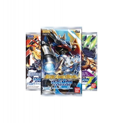 Pacotes da Digimon Card Game com personagens coloridos e texto em inglês.