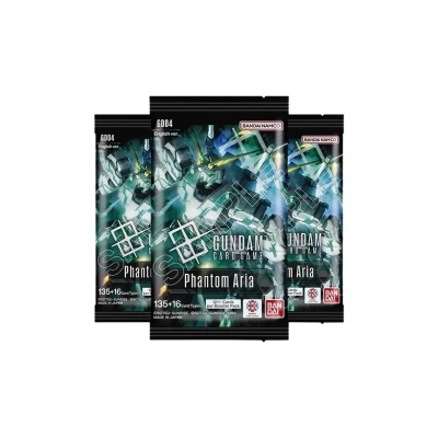 Pacotes do jogo de cartas Gundam Card Game Phantom Aria com robô em tons azuis e verdes