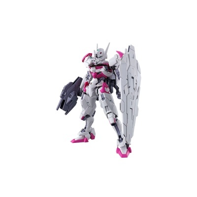 Figura articulada tipo robô Gundam branco e rosa com escudo e arma