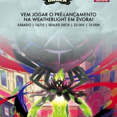 Imagem promocional do jogo Pokémon Trading Card Game para pré-lançamento em Évora com personagem colorido e texto do evento.