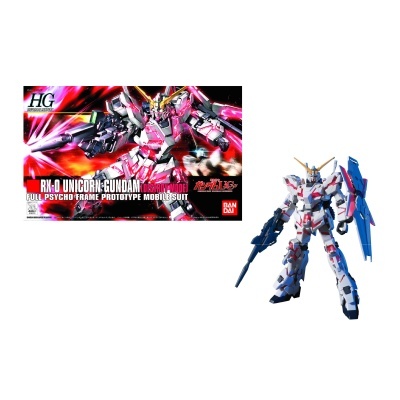 Figura robô Gundam RX-0 Unicorn em modo Destroy articulada com arma azul e caixa do produto