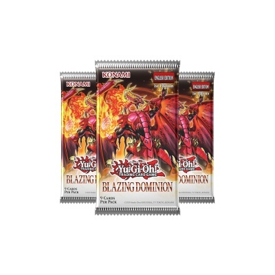 Pack de cartas Yu-Gi-Oh! Blazing Dominion com dragão vermelho e texto KONAMI