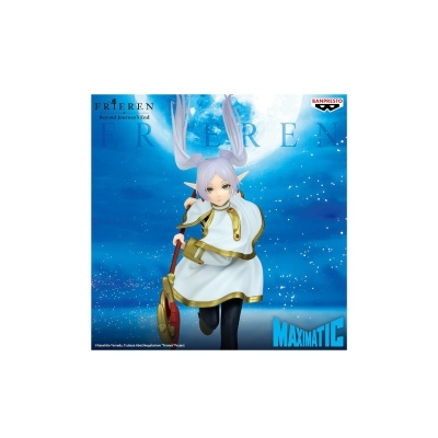 Figura colecionável Friren com cabelo lilás e roupa branca e dourada segurando cetro