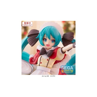 Figura colecionável de personagem feminina com cabelo azul e laços grandes castanho-escuro, vestida com uniforme de empregada