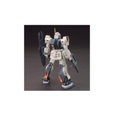 Figura de ação robótica azul, branca e laranja com arma e escudo