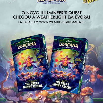 Caixas do jogo Disney Lorcana em fundo com personagens animados