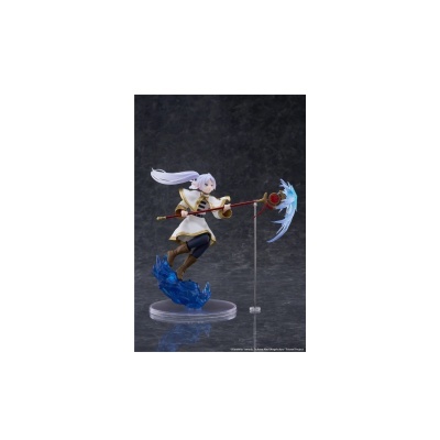 Figura colecionável de personagem feminina com vestido branco e cajado azul.