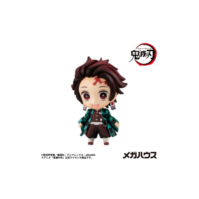Figura colecionável personagem anime com cabelo castanho e quimono verde xadrez